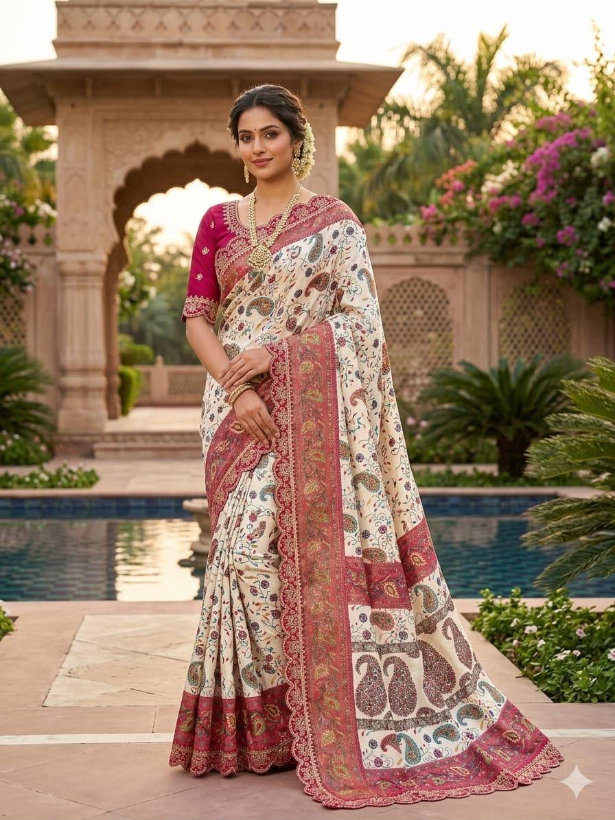 Mustard Yellow and Magenta Dola Banarasi Printed Saree